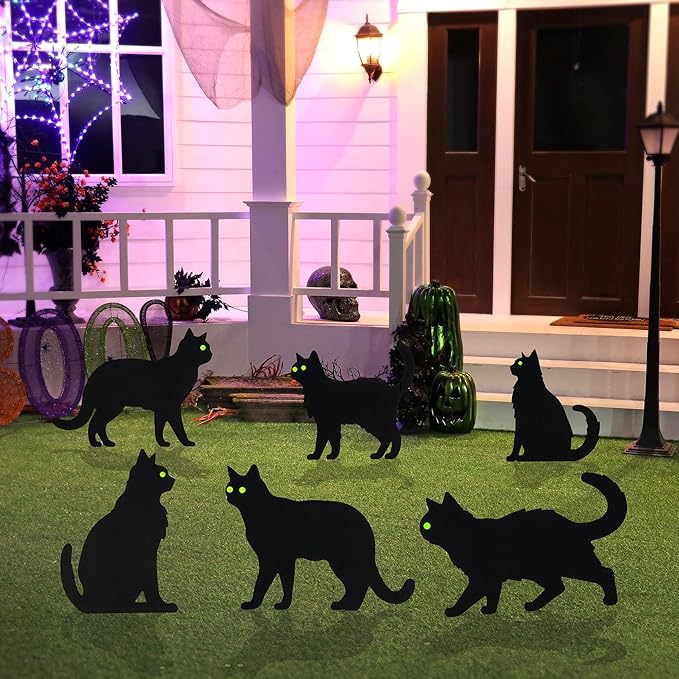 6 PCS Black Cat Halloween Lawn Signs with Stakes, Glow-in-The-Dark Eyes, Spooky Outdoor Yard Decorations for Garden and Halloween