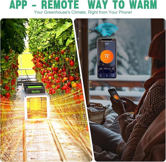 Kiroto 1500w Greenhouse Heater,with APP Remote Control, Portable Outdoor Winter Heater With Thermostat For Plants & Vegetables Grow Tent, Smart Safe