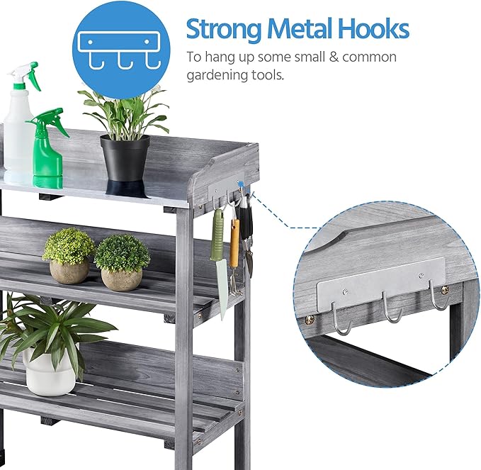 Yaheetech Garden Potting Table Horticulture Potting Bench w/Storage Shelf W/Metal Tabletop w/Hook 3 Shelves Workstation Work Benches Station, Gray