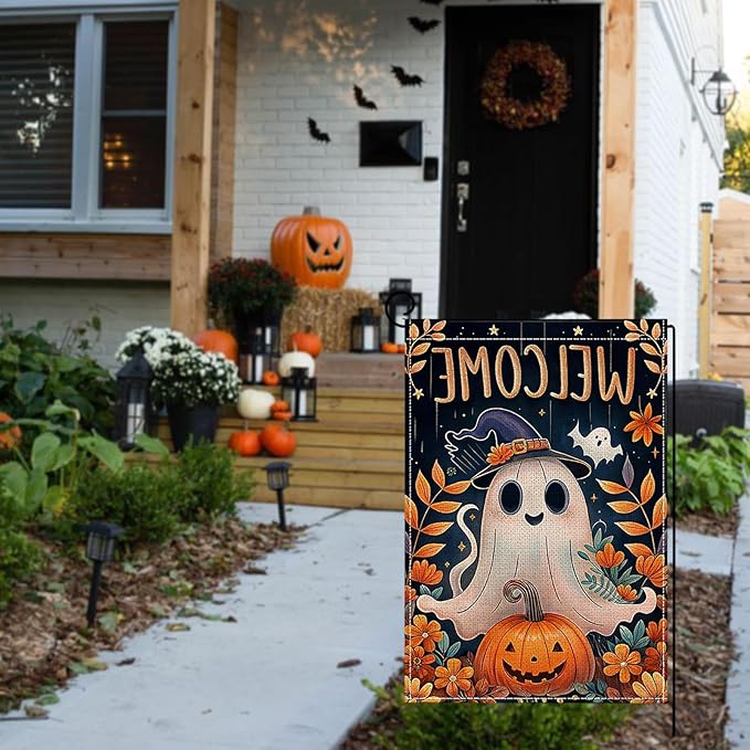 Halloween Garden Flag 12 x 18 Inch Double Sided Ghost Pumpkin Designs Fall Autumn Burlap Yard Flag for Outside Rustic Yard Outdoor Holiday Home Decoration