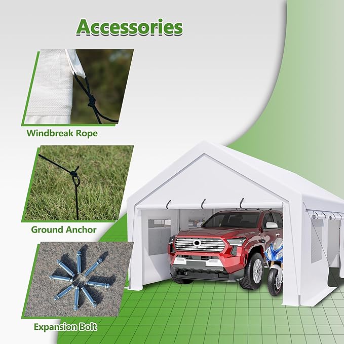 13x20 ft Heavy Duty Carport with Removable Sidewalls & Roll-up Windows, Portable Garage Tent with Doors, All-Season Outdoor Canopy Shelter for Car, Truck, Boat, White