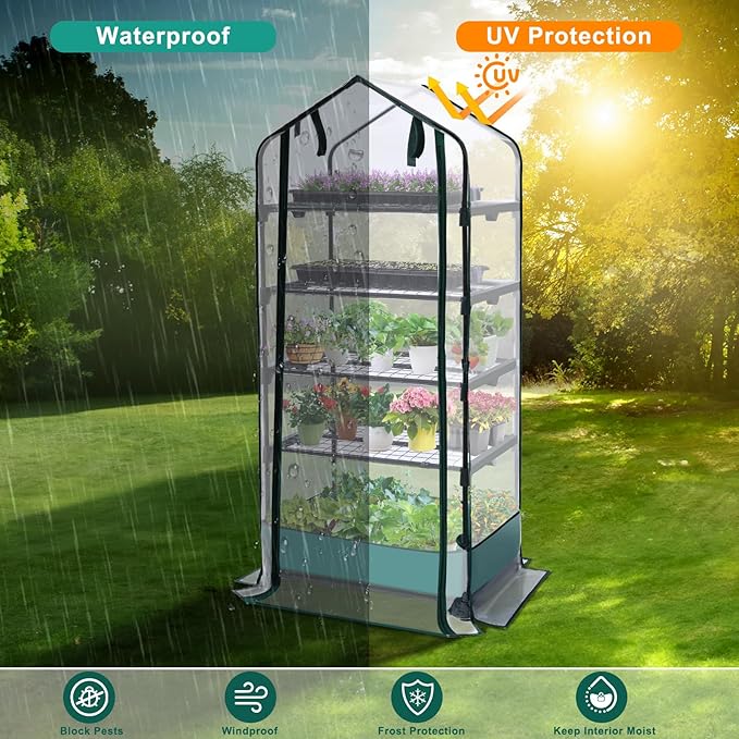 5 Tier Mini Greenhouse for Indoor Outdoor, Portable Green House with Durable PVC Cover and Shelves for Seedling, Heavy Duty Greenhouse with Waterproof Mat and Cover Tape, Gardening Gifts for Women Men