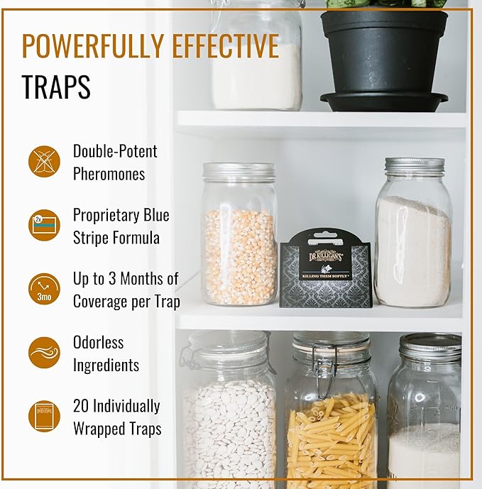 Dr. Killigan's Premium Double Potent Pantry Moth Traps with Pheromones Prime, Sticky Indian Meal Moth Traps for Kitchen, How to Get Rid of Moths in House, Organic Moth Pheromone Traps (20 Pack, Black)