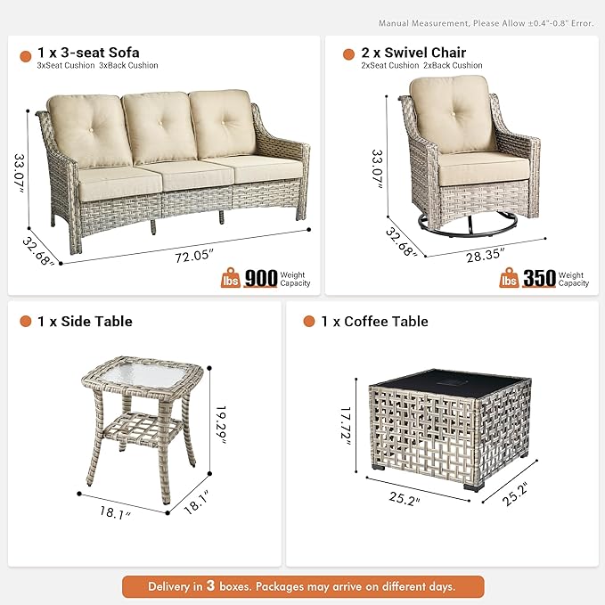 5 Pieces Patio Outdoor Furniture Set with Swivel Rocking Chairs,All Weather Wicker Rattan Patio Seating Sofa and Chair Set w/Glowing Table,Outdoor Conversation Sets for Deck Yard Garden,Beige