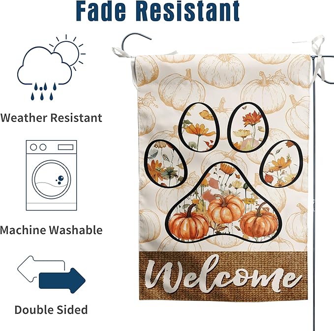 Welcome Fall Pumpkin Garden Flag Paw Print of Dog Autumn Wild Flower Yard Banner Outside Halloween Thanksgiving Outdoor Decor 12x18 Double Sided Small