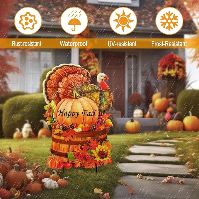 Thanksgiving Turkey Decor,Metal Turkey Stake for Harvest with Pumpkin Sign Outdoor Decoration,Autumn Fall Yard Stakes for Outside