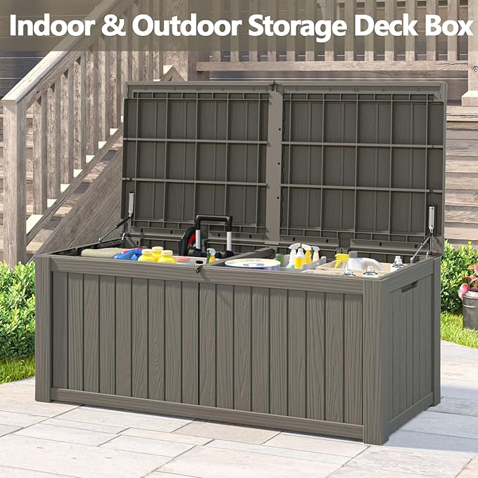 Outdoor Storage Box, 180 Gallon Deck Box, Waterproof and UV Resistant Large Resin Storage Bin, Organization and Storage for Patio Furniture, Outdoor Cushions, Garden Tools, Lockable