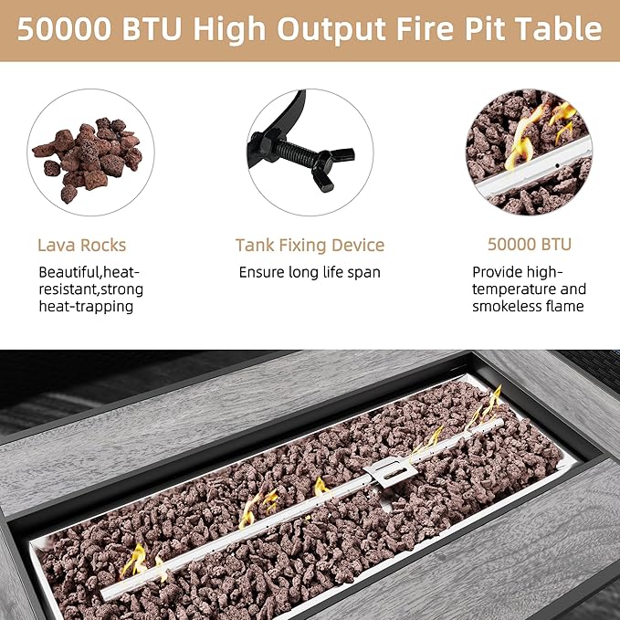 JAMFLY Propane Fire Pit Table 45 Inch, 50,000 BTU Outdoor Gas Firepit Table for Outside Patio with Lava Rocks,Waterproof Cover, Gray