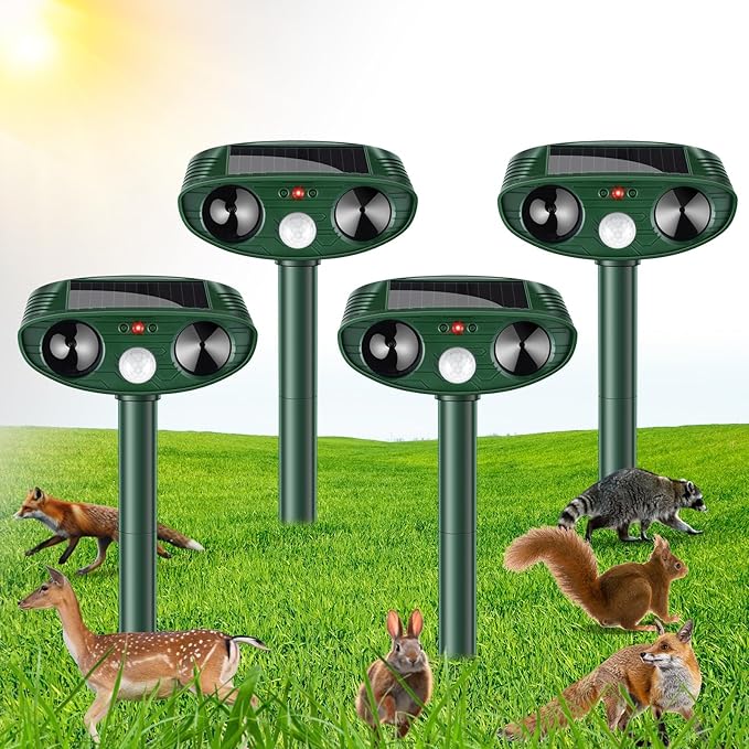 4 Pack Solar Ultrasonic Animal Repellent Deer Repellent Devices Cat Repellent Outdoor Animal Deterrent to Scare Rabbit Dog Raccoon with Motion Detection Waterproof for Yard Garden