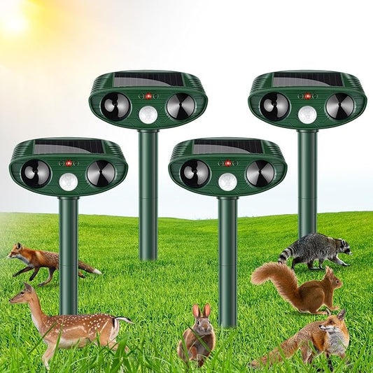 4 Pack Solar Ultrasonic Animal Repellent Deer Repellent Devices Cat Repellent Outdoor Animal Deterrent to Scare Rabbit Dog Raccoon with Motion Detection Waterproof for Yard Garden