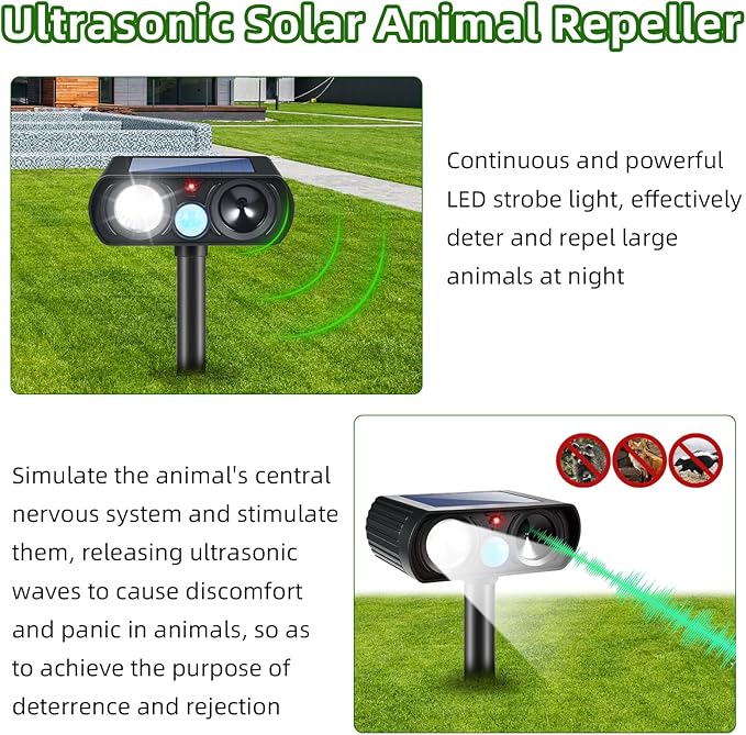 2025 4Pack Ultrasonic Animal Repellent Outdoor Solar Animal Repeller witht Motion Sensor&LED Strober Ligh Cat Deterrent Outdoor Deer Repellent Device to Scare Rabbit Fox Dog Raccoon Squirrel Skunk