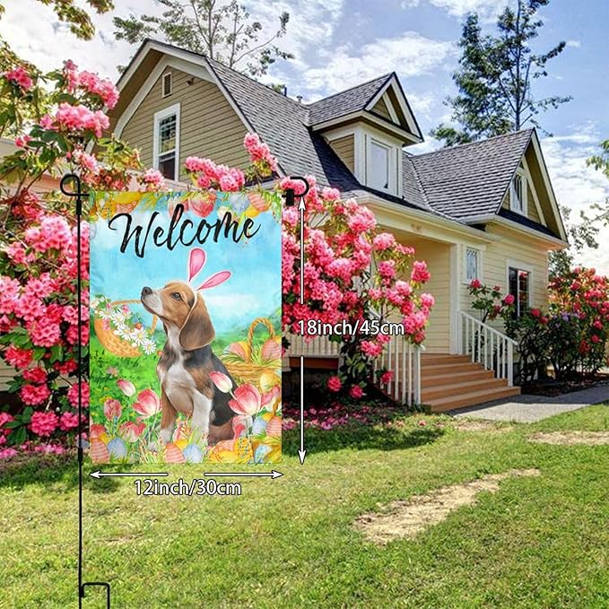 Tulips Cute Beagle Flower Dog Happy Easter Garden Flag Welcome Party Outdoor Outside Decorations Picks Home House Garden Yard Decor 12x18 Inch