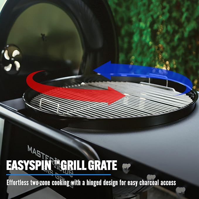 SnS Grills MasterKettle Charcoal Grill and Smoker with Patented Slow ‘N Sear Deluxe Insert, EasySpin Grate for Two-Zone Cooking and Integrated Table, Low ‘N Slow Smoking and BBQing - Black 22-Inch