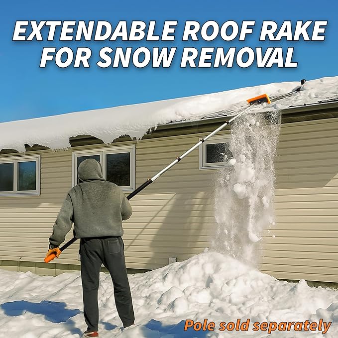 Snow Roof Rake Attachment // Solar Panel Snow Removal Tool for Roofs, RVs & Cars // Heavy Duty Snow Rake for House Roof // 13.6" Scratch-Free Soft Foam Blade // Push Pull Design (Pole Sold Seperatley)