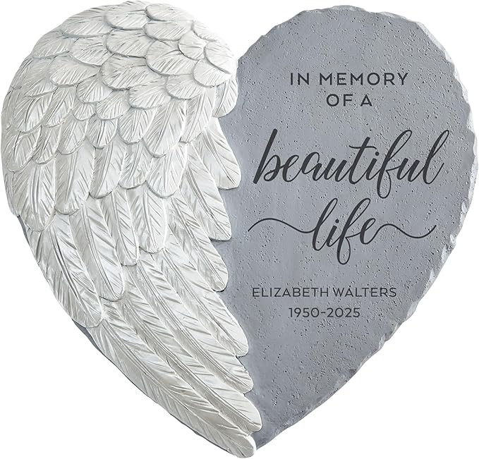 Let's Make Memories Personalized Memorial Garden Stone - Sympathy - Loss of Loved One - Condolences - Indoor/Outdoor - Durable Resin - 3D Iridescent Wing - Beautiful Life