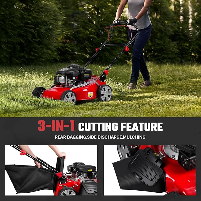 18-Inch 3-in-1 Gas Lawn Mower | Self-Propelled Push Mower with 131cc Engine & 50L Bag for Residential Yards (Red)