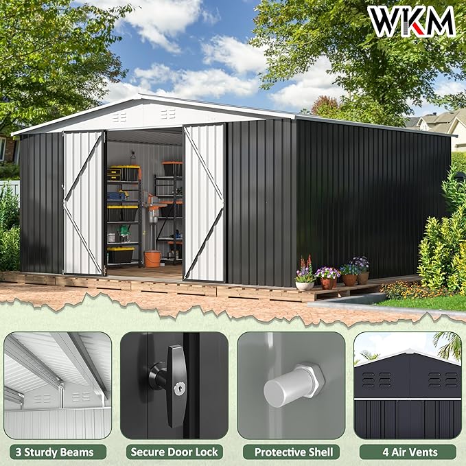 WKM 12x14 FT Outdoor Storage Shed, Utility Metal Tool Storage with Lockable Doors and Updated Frame Structure, Large Metal Garden Shed for Backyard, Patio Lawn, White