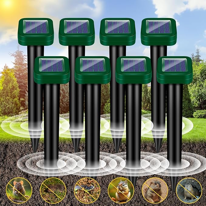 8Pack Mole Repellent Solar Powered, Waterproof Ultrasonic Mole Repellent Stakes Outdoor to Deterrent Gopher, Chipmunk, Squirrel, Vole, Snake, Armadillo, Groundhog Out of Lawn & Garden