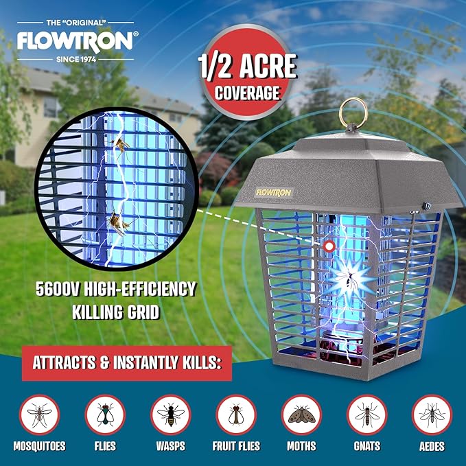 Flowtron Electric Bug Zapper 1/2 Acre Outdoor Insect Control with Dual Lure Method, 15W UV Light & Octenol Attractant for Fly & Mosquito, 5600V Kill Grid, Made in USA, UL Certified - Grey Color