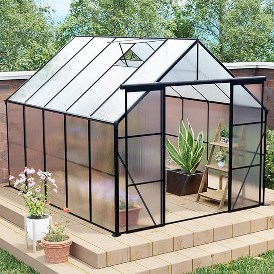 KEIKI 8x10 FT Double Door Polycarbonate Greenhouse with Aluminum Frame,Raised Base and Roof Vent,Walk-in Greenhouses for Patio Garden