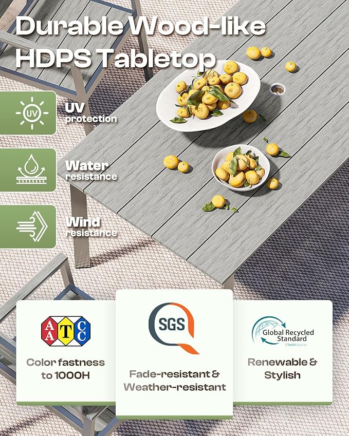 Outdoor Dining Set for 4, Patio Table and Chairs Set with Umbrella Hole, 5 Pieces HDPS Outdoor Furniture Sets for Patio, Garden, Backyard （Silver & Gray）