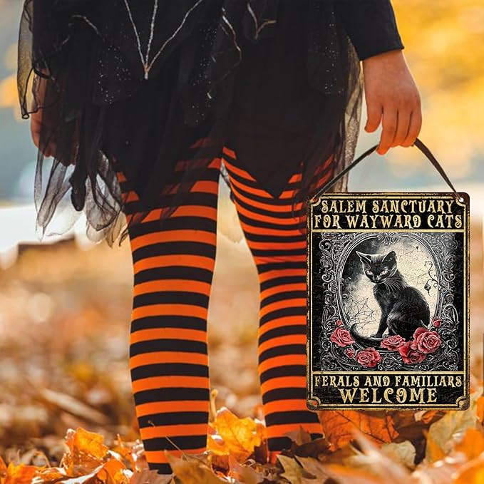 Halloween Black Cat Vintage Sign Salem Sanctuary For Wayward Cats Halloween Metal Sign for Home Bar Kitchen Hotel Dining Room Coffee 12x16inch