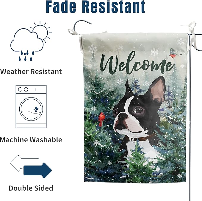 Welcome Winter Garden Flags Boston Terrier Garden Flag Cardinal Birds on Snowy Pine Tree Flag Dog Yard Flags for Outside 12x18 Double Sided Christmas Decorative Lawn Flags