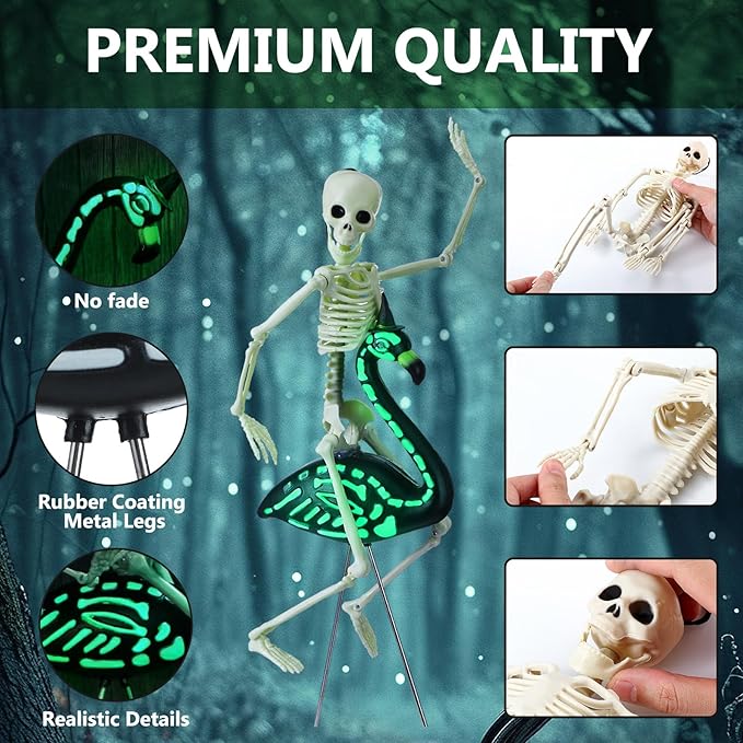 8 Pcs Halloween Skeleton Flamingo Decoration Outdoor Yard Ornament 15.7" Plastic Skeleton Decor with Posable Legs Flamingo Statue Decor for Yard Garden Lawn(Fluorescent,S,Stylish)