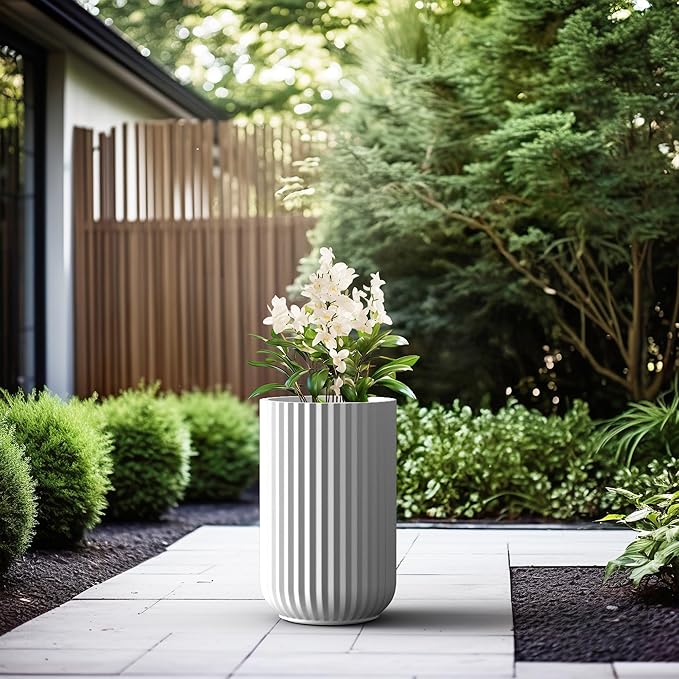 Kante Tall Fulted Planter, 17.7 Inch Tall Round Concrete Plant Pots with Drainage Hole and Rubber Plug, Modern Decor for Indoor Outdoor Plants, Flower, White