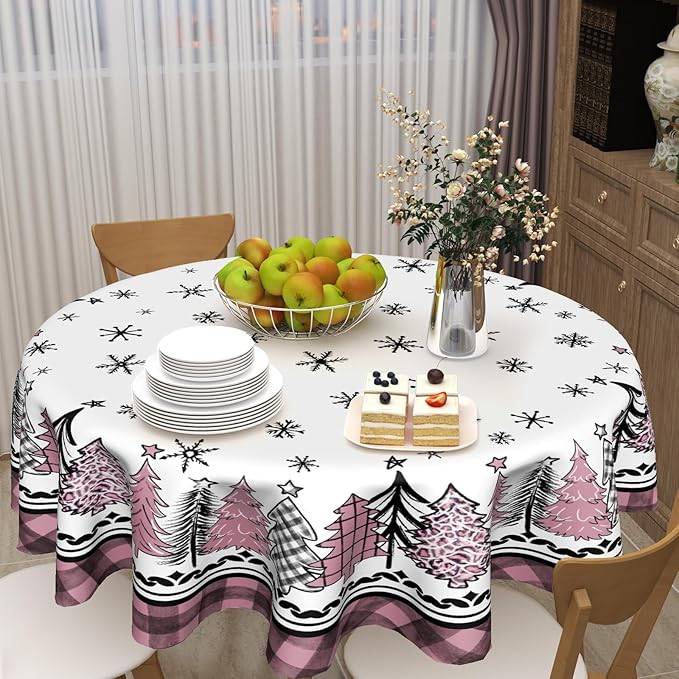 Giwawa Christmas Round Tablecloth 60 Inch,Snowflakes Pink Buffalo Plaid Xmas Pine Trees Farmhouse Washable Polyester Fabric Table Cover for Kitchen Winter Holiday Party Table Decor