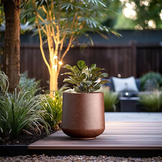 Kante 15.3" Dia Round Concrete Planter, Outdoor Indoor Large Plant Pots Containers with Drainage Hole and Rubber Plug for Home Garden Patio, Rusty