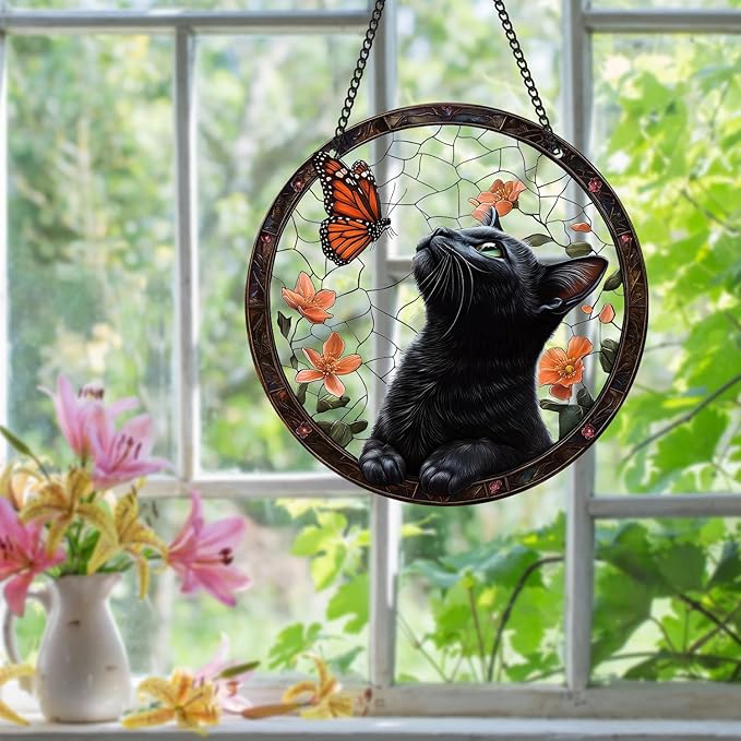 Black Cat Sun Catcher - Black Cat Butterfly Flower Suncatcher Rainbow Maker Stained Acrylic Window Hanging Ornament Indoor Outdoor Decoration Home Garden Decor Chain Pendant Memorial Gifts