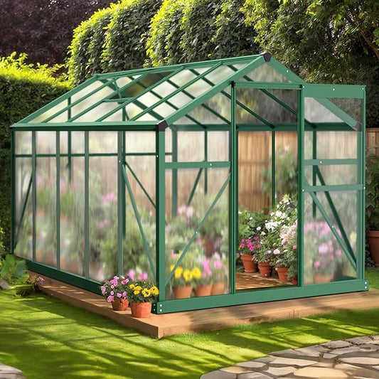 VINGLI Greenhouse, 6x10 FT Heavy Duty Polycarbonate Greenhouse with 5 Roof Vents, Aluminum Frame, Sliding Doors, Green