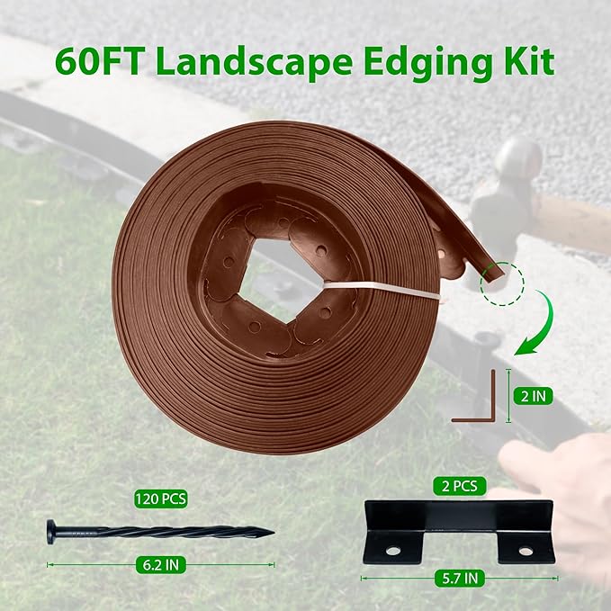 Landscape Edging Border 60 FT 2 Inch Tall with 120 Spikes, Plastic Edging for Landscaping, Garden Edging Border, Flower Bed, Paver and Lawn Edging Border, Brown