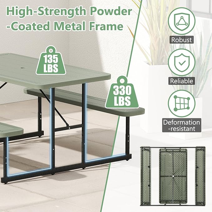 Tangkula Picnic Table, HDPE Outdoor Rectangular Table Bench Set with 2 Built-in Benches, Umbrella Hole, Metal Frame for 4 Person, Garden Yard Patio Lawn