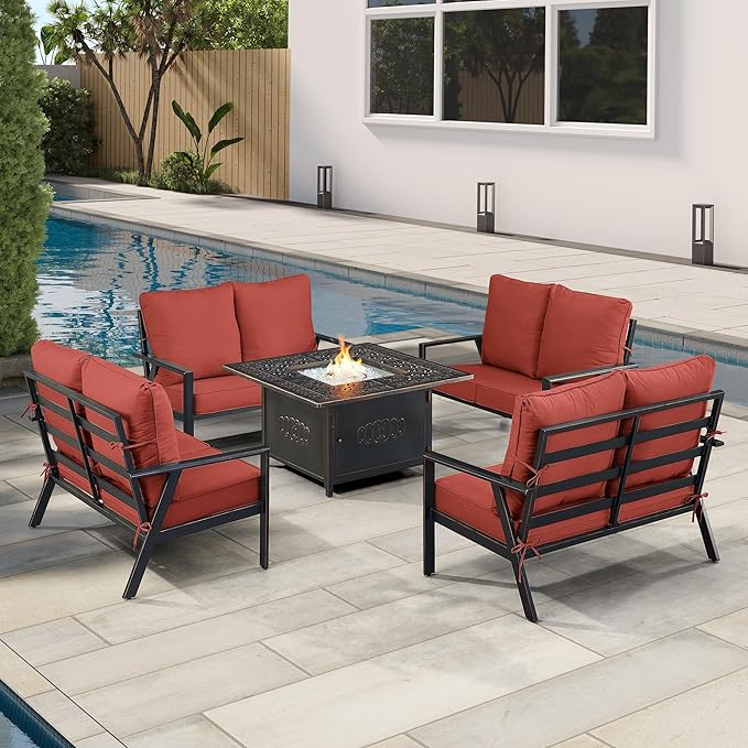 Oakland Living Black Aluminum Patio Fire Table Set with Four Deep Seating Loveseats with Cushions with Red Cushions