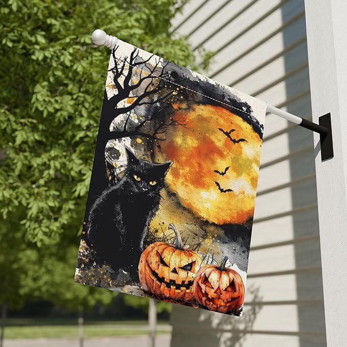 Black Cat Halloween Garden Flag for Outside, 12x18 Inch Double Sided Halloween Black Cat Pumpkin Bats Yard Flag, Farmhouse Small Yard Flags for Outdoor Decorations, Holiday Decor Gifts-A15