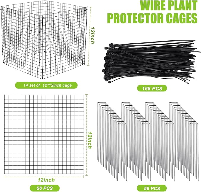 Zubebe 14 Pack Small Wire Plant Protectors Square Plant Protectors from Animals Mesh Cage Chicken Wire Cloche for Shrubs and Vegetables with Ground Stakes and Nylon Ties (12 x 12 Inch)