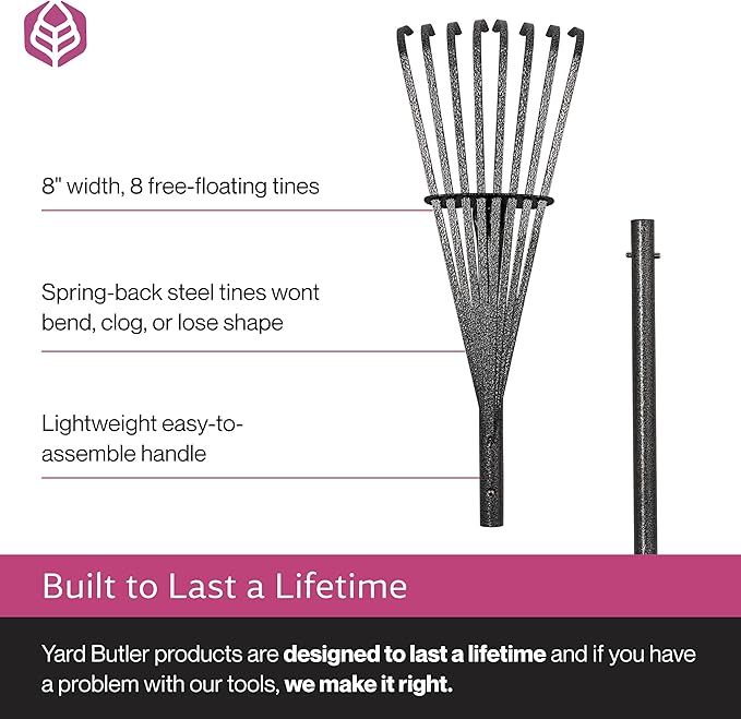 Yard Butler World’s Greatest Shrub Rake | Heavy Duty All Steel Rake with Ergonomic Garden Claw, 20 Free-Floating Tines & Long Metal Handle – Lawn, Yard, Bed, Landscape for Leaves, Grass & Debris, 8"