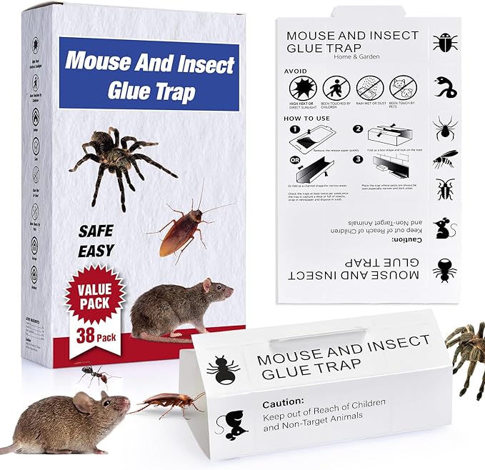 38Pack Mouse & Insect Traps Indoor for Home, Glue Traps for Mice Roach Ant Snake Rats Rodents, Sticky Pest Control Adhesive Tray for Catching Bugs, Sesame Oil Scent Non Toxic Pre-Baited Glue Boards