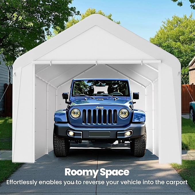 GOJOOASIS 10x20 Carport Heavy Duty Portable Garage Shelter Metal Car Canopy Tent with UV-Resistant & Weatherproof Top Cover for RV & Vehicles (White, 10x20 with sidewalls)