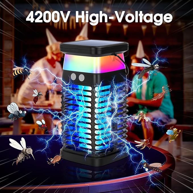 Portable Fly Trap for Indoor & Outdoor, Handheld Outdoor Bug Zapper - 4200V High-Voltage Electric Mosquito Killer with UV Light, IP68 Waterproof, USB-C & Solar Charging, 4000mAh Battery