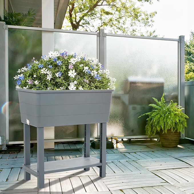 Aoodor 30'' × 14'' × 29'' Elevated Raised Planter Box with Legs, Storage Space, Plastic Drainage Plug & Water Level Indicator for Vegetables Flowers Herbs Outdoor, Gray, Set of 3