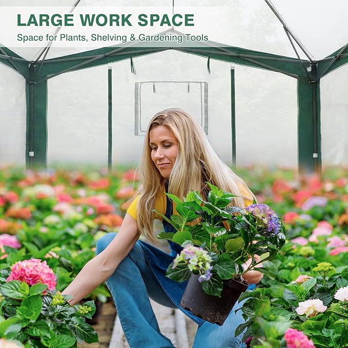 EAGLE PEAK 12x8 Portable Walk in Greenhouse with Polyester Reinforced Corners, Instant Pop up Indoor Outdoor Gardening Green House, Roll Up Zipper Entry Doors and Mesh Windows, Green/White