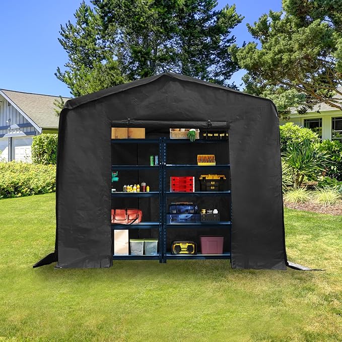 8x8x8 FT Outdoor Storage Shelter Carport, Portable Storage Tent with Roll-up Door, Waterproof Outdoor Carport for Bike, Lawn Mower, ATV Storage (Black)