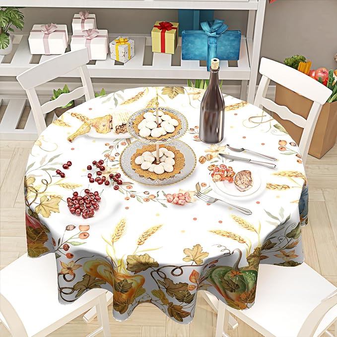 Giwawa Fall Round Tablecloth, Harvest Table Cloth 60 inch, Halloween Table Cover for Fall Picnic and Thanksgiving Party, Maple Leaves and Pumpkin Decorations