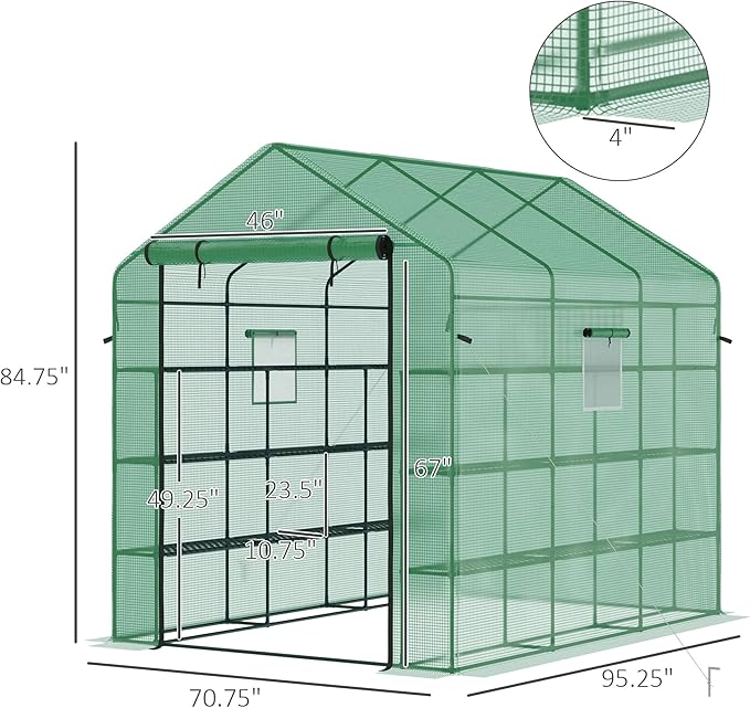 Outsunny 8' x 6' x 7' Walk-in Greenhouse with Mesh Door and Windows, 18 Shelf Green House with Trellis, Plant Labels, UV Protective for Growing Flowers, Herbs, Vegetables, Saplings, Green
