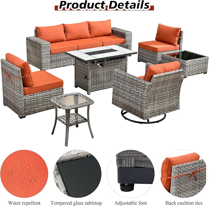 HOOOWOOO 9 Piece Modular Patio Outdoor Sectional Furniture Set with Gas Propane Fire Pit Table,Wicker Conversation Sofa Set with Swivel Chairs,Outside Couch Set(Orange Red)