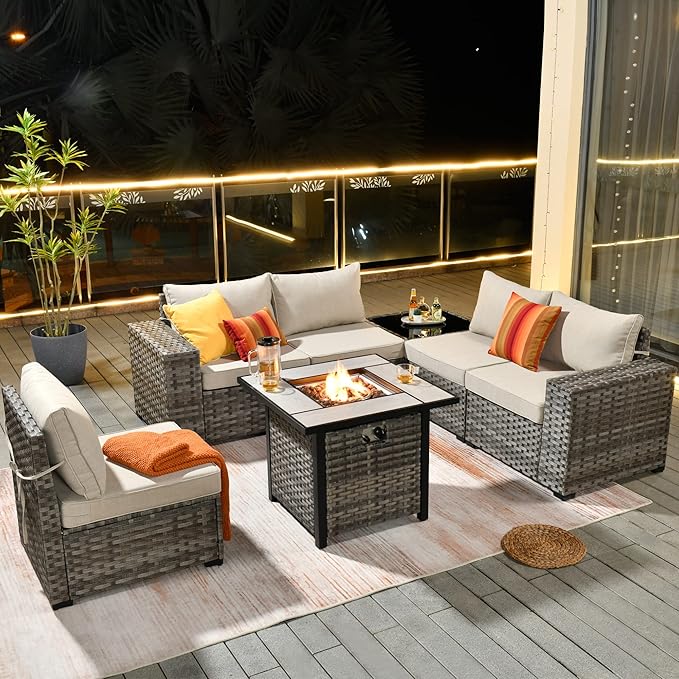 HOOOWOOO Modular Patio Outdoor Sectional Furniture Set with Gas Propane Fire Pit Table,7 Piece Wicker Conversation Sofa Set,Out Door Couch Set with Wide Arm Outside(Beige)