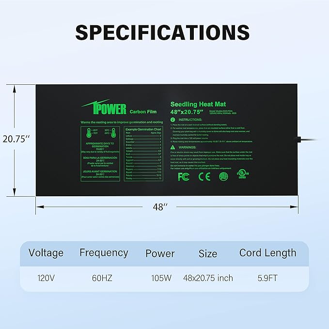 iPower GLHTMTPROLX2 2 Pack Upgraded Carbon Film 48" x 20.75" Seedling Heat Mat Durable Waterproof Indoor Warm Hydroponic Plant Germination Starting Pad